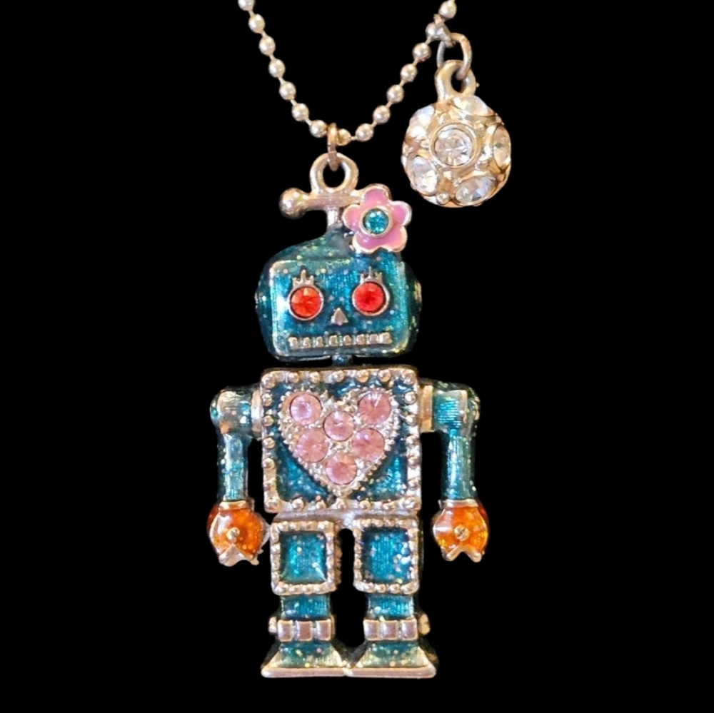 🤖Betsey Robot Girl Glittery Blue Pendant Necklace Pink Rhinestone Heart - NWOT